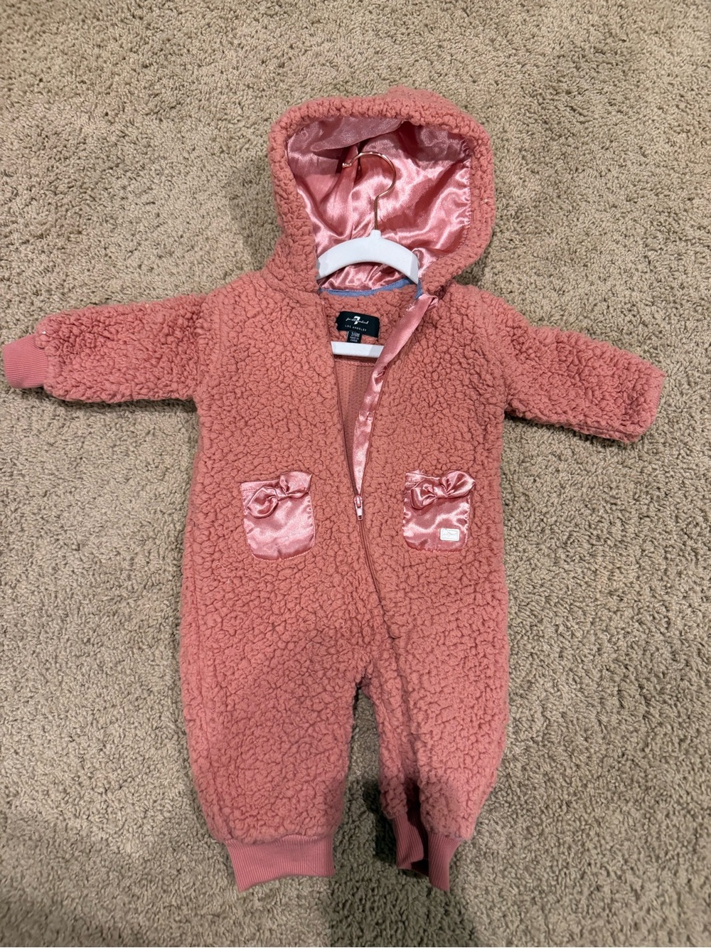 7 For All Mankind Pink Sherpa Hooded Baby One-Piece with Satin Pockets
